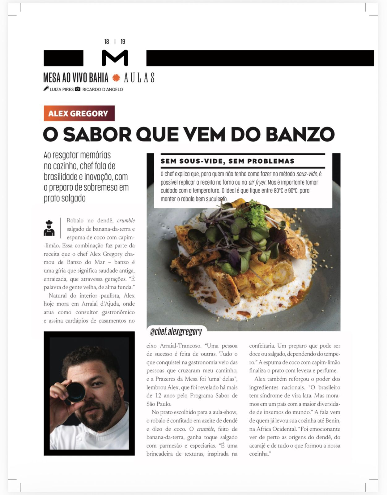 Matéria O sabor que vem do banzo, publicada pela revista Prazeres da Mesa sobre Alex Gregory no Mesa ao Vivo Bahia